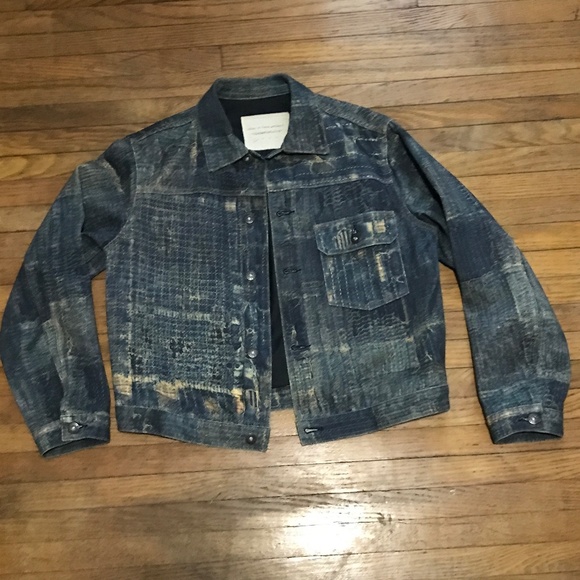 Cropped Boro Print Distressed Denim Jacket - Picture 1 of 5